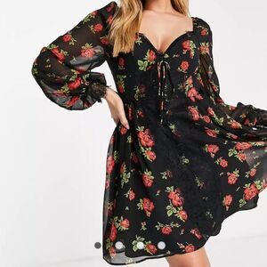 ASOS Design Eyelash Lace Insert Skater Mini Dress in black w/red flowers EUC